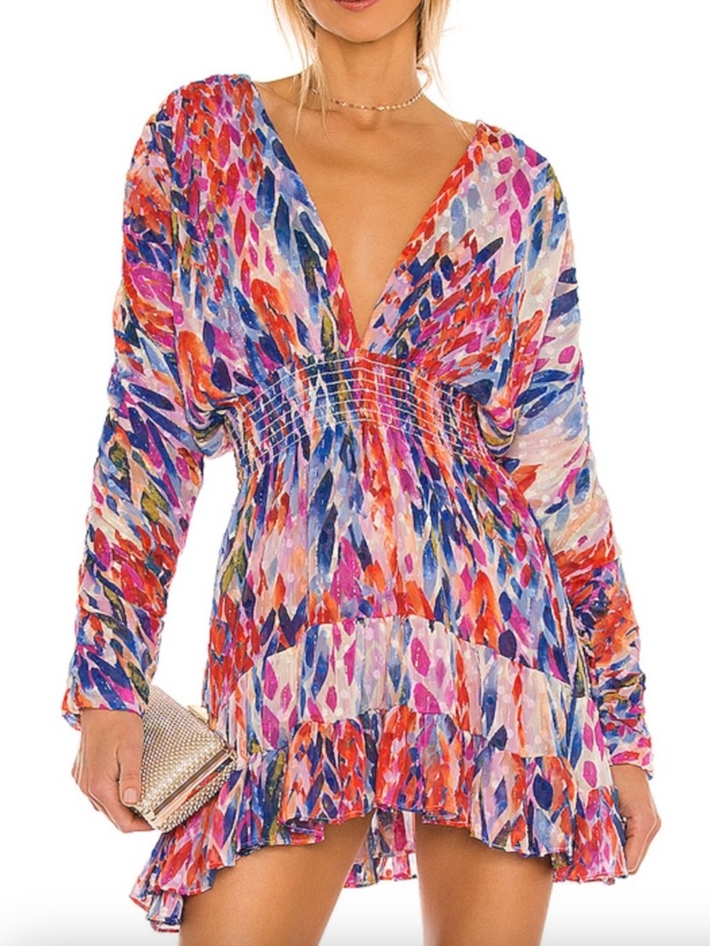 MISA Chiara Mini Dress Feathers of Corfu Multicolor Long Sleeve Chiffon SMALL